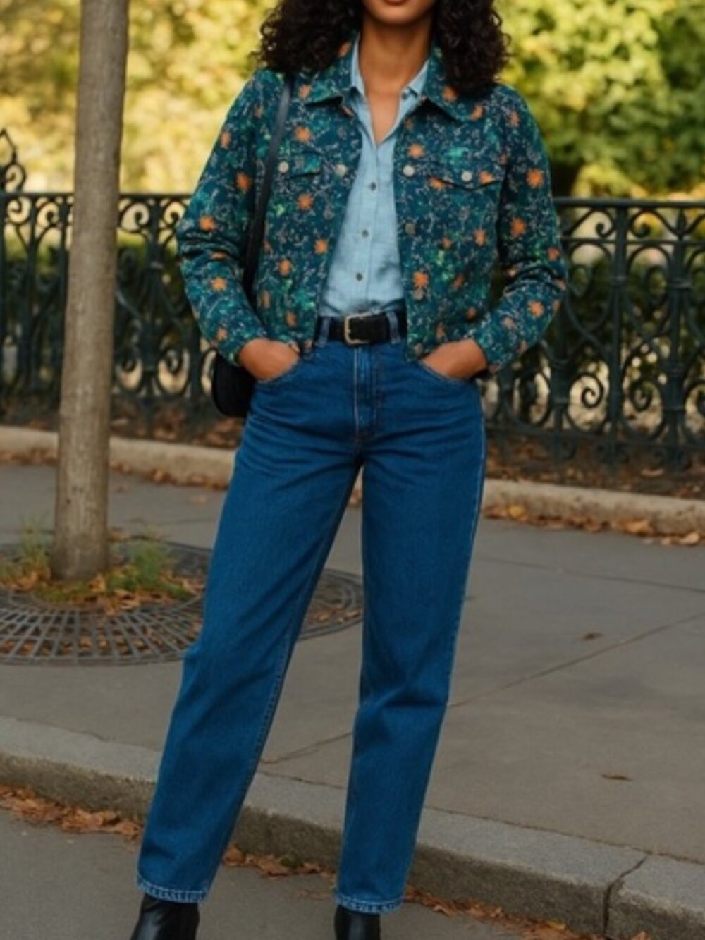 See U Soon Floral Style Jean Jacket Long Sleeve Shirt Floral Print  Size M